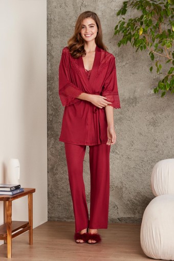 PİERRE CARDİN-JALE - Pierre Cardin Kadın Penye 3'lü Pijama Takımı - Bordo - L