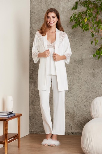 PİERRE CARDİN-JALE - Pierre Cardin Kadın Penye 3'lü Pijama Takımı - Ekru - S