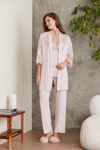 PİERRE CARDİN-JALE - Pierre Cardin Kadın Penye 3'lü Pijama Takımı - Pudra - XL