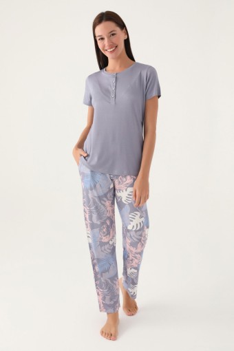 PİERRE CARDİN-YASİN TEKSTİL - Pierre Cardin Kadın Pijama Takımı Kısa Kollu Yaka 4 Düğmeli Süprem Büyük Beden - Duman