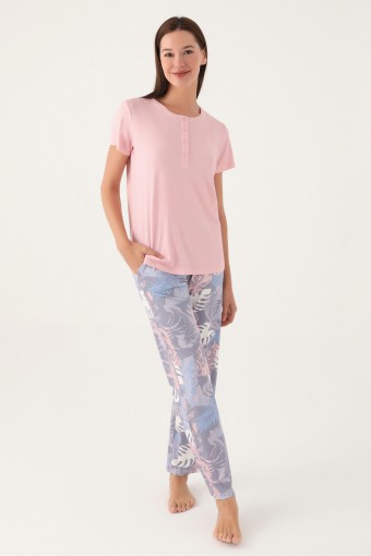 PİERRE CARDİN-YASİN TEKSTİL - Pierre Cardin Kadın Pijama Takımı Kısa Kollu Yaka 4 Düğmeli Süprem Büyük Beden - Pembe