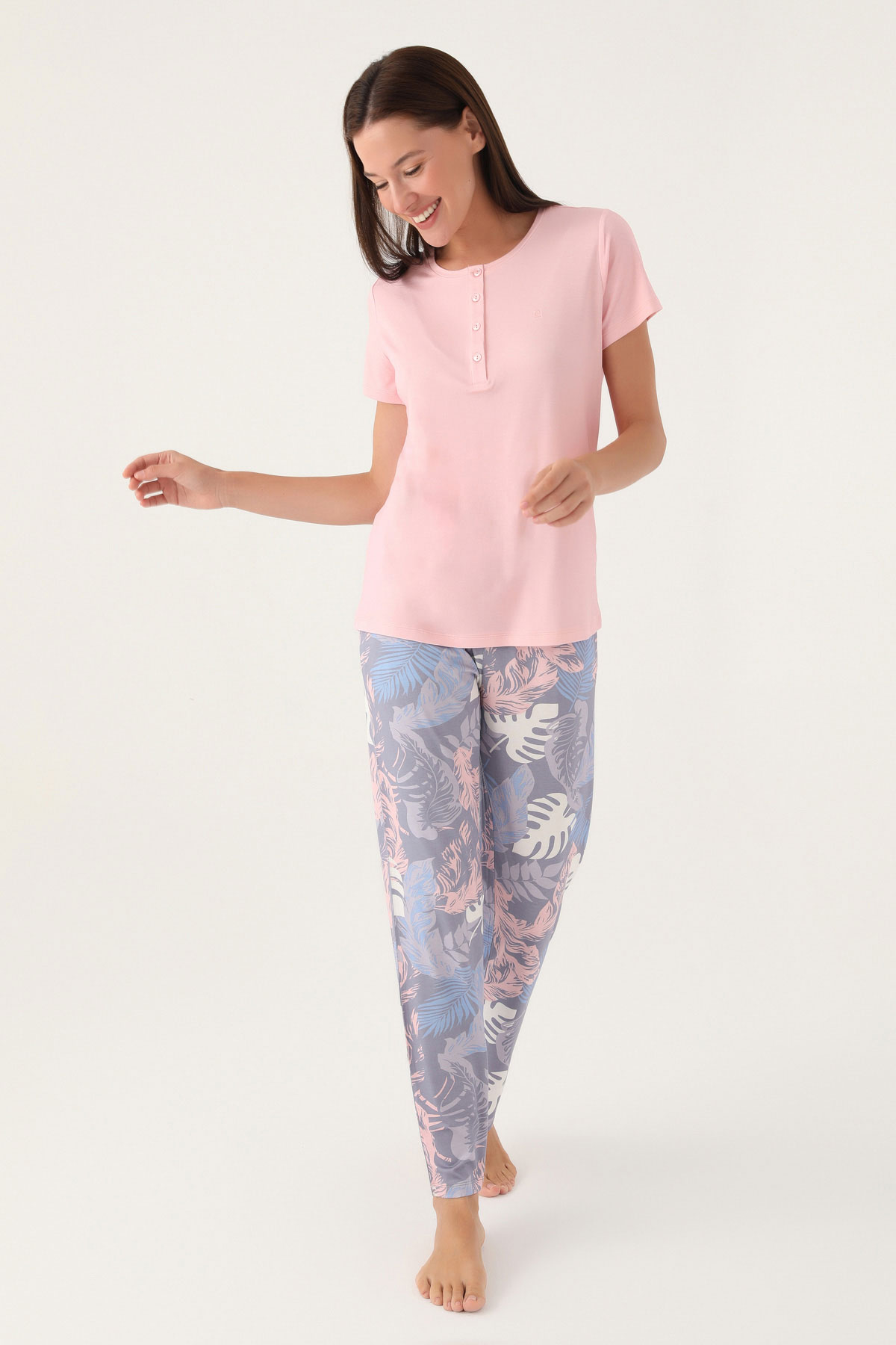 Pierre Cardin Kadın Pijama Takımı Kısa Kollu Yaka 4 Düğmeli Süprem Büyük Beden - Pembe - Thumbnail