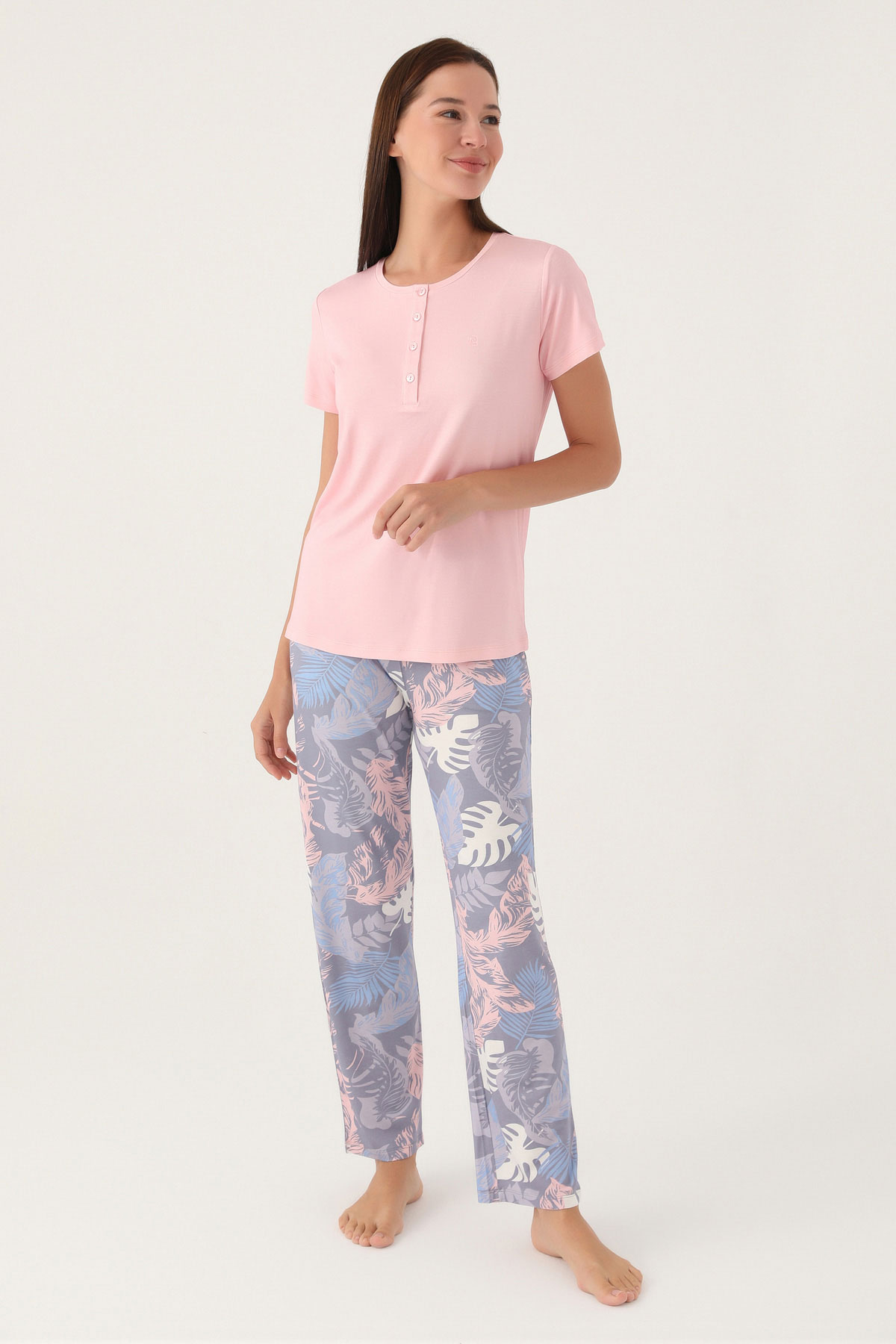 Pierre Cardin Kadın Pijama Takımı Kısa Kollu Yaka 4 Düğmeli Süprem Büyük Beden - Pembe - Thumbnail