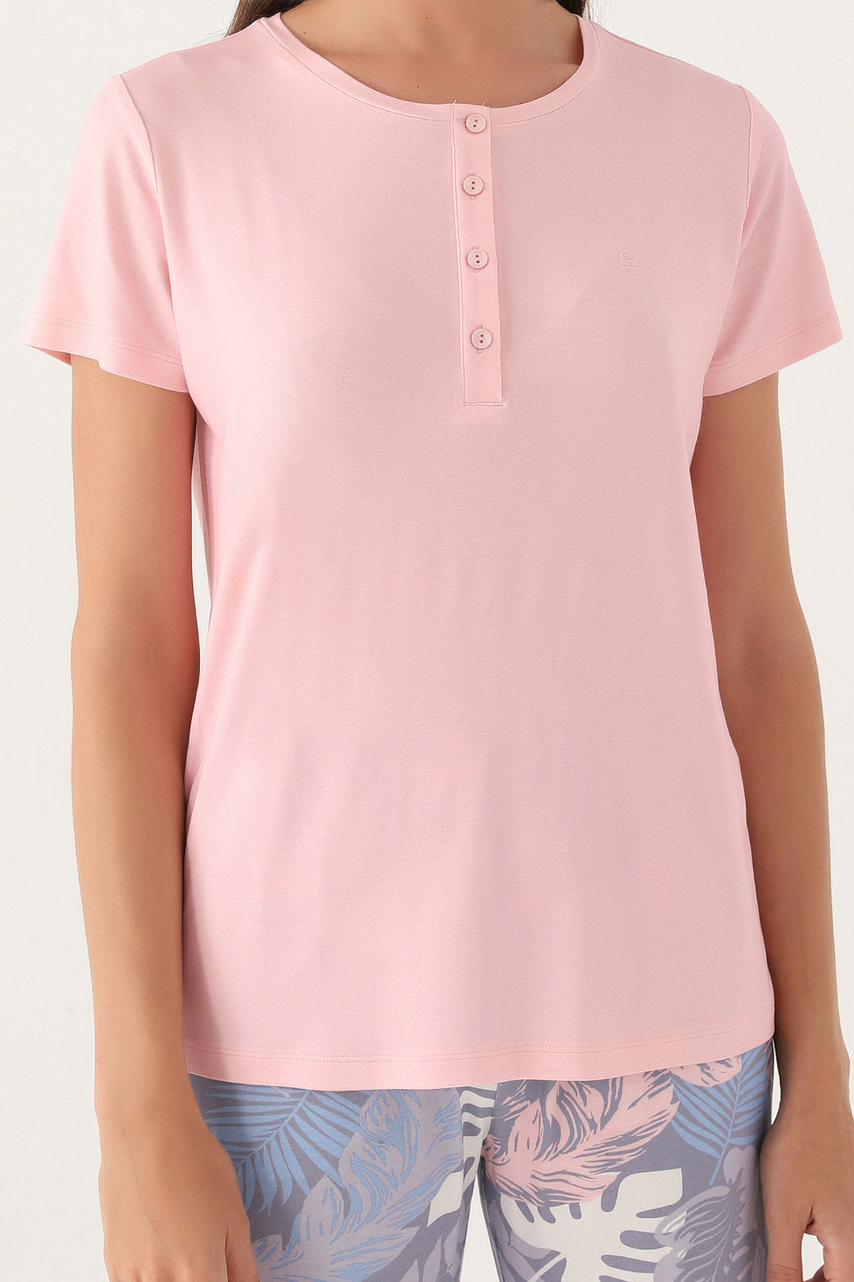 Pierre Cardin Kadın Pijama Takımı Kısa Kollu Yaka 4 Düğmeli Süprem Büyük Beden - Pembe - Thumbnail