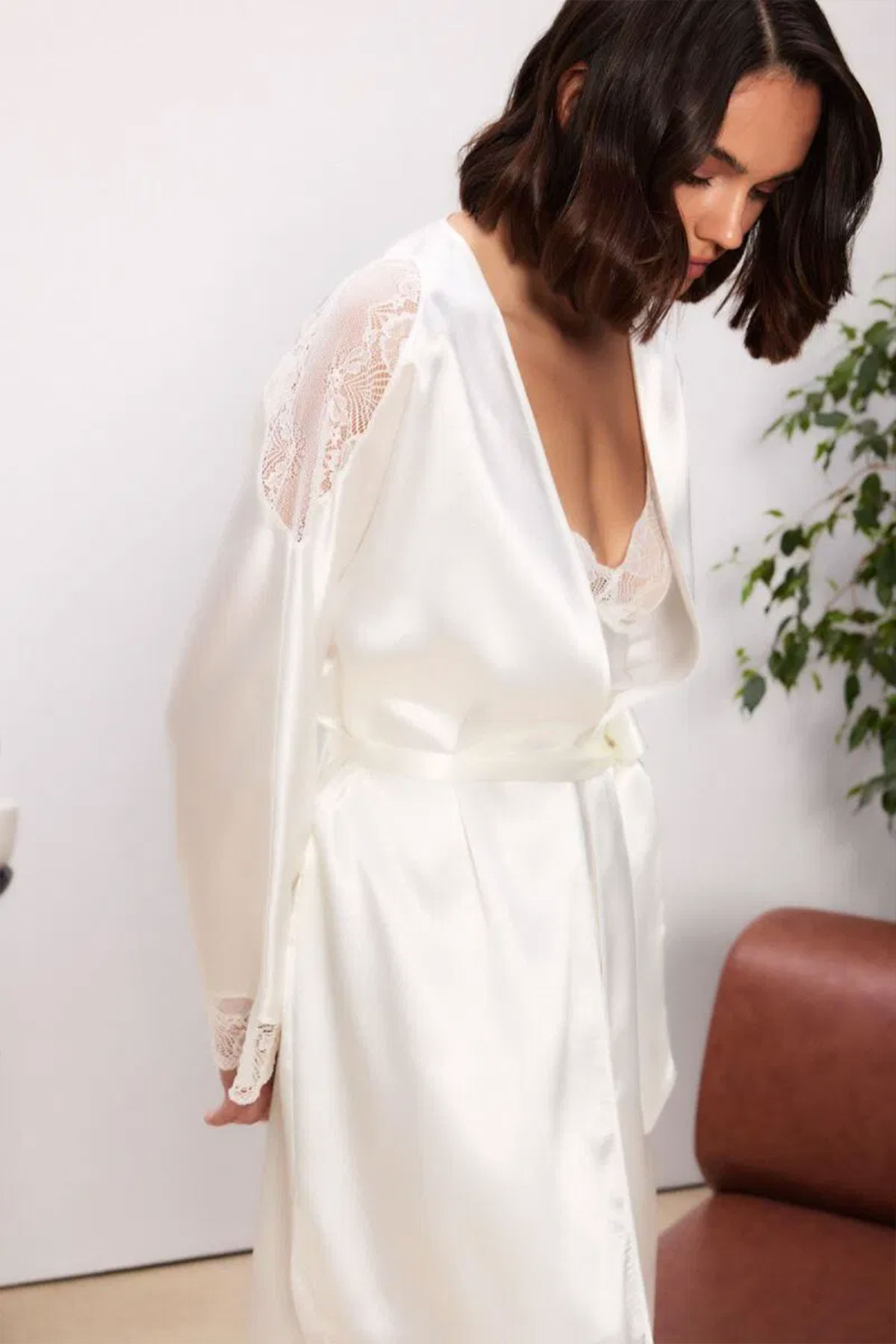 Pierre Cardin Kadın Saten Fantezi Gecelik Sabahlık Takım - Ekru - S - Thumbnail