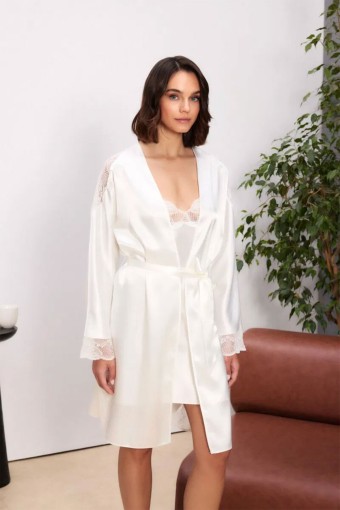 PİERRE CARDİN-JALE - Pierre Cardin Kadın Saten Fantezi Gecelik Sabahlık Takım - Ekru - XL