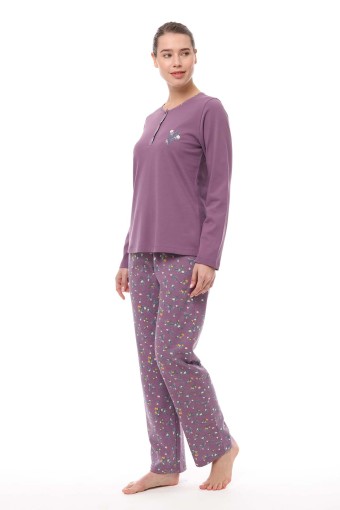 PİJADORE - Pijadore Kadın Üç Düğmeli Pijama Takımı Uzun Kol - Lila (1)