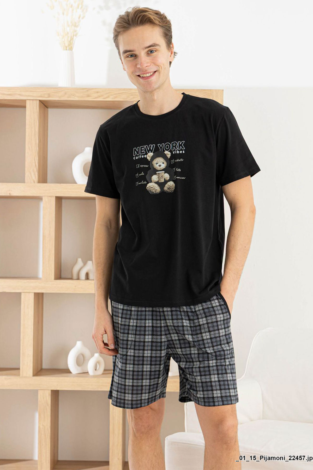 Pijaman Erkek Bermuda Takım Kısa Kollu Ayıcıklı Bisiklet Yaka Pamuklu Alt Ekose - Siyah - Thumbnail