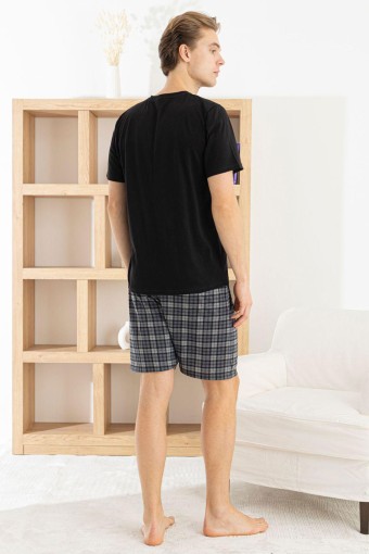 PİJAMAN - Pijaman Erkek Bermuda Takım Kısa Kollu Ayıcıklı Bisiklet Yaka Pamuklu Alt Ekose - Siyah (1)
