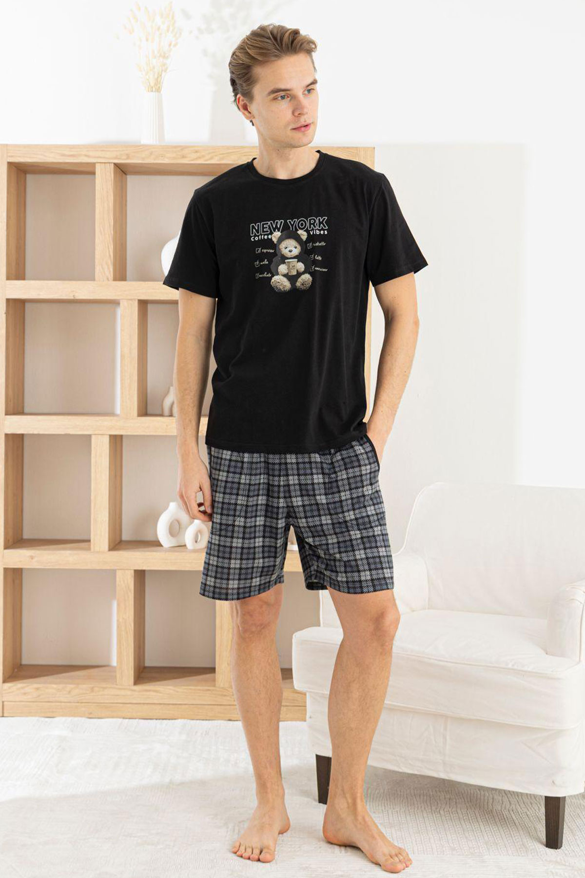 Pijaman Erkek Bermuda Takım Kısa Kollu Ayıcıklı Bisiklet Yaka Pamuklu Alt Ekose - Siyah - Thumbnail