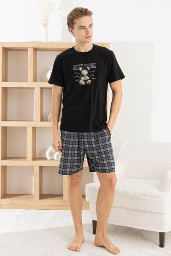 PİJAMAN - Pijaman Erkek Bermuda Takım Kısa Kollu Ayıcıklı Bisiklet Yaka Pamuklu Alt Ekose - Siyah
