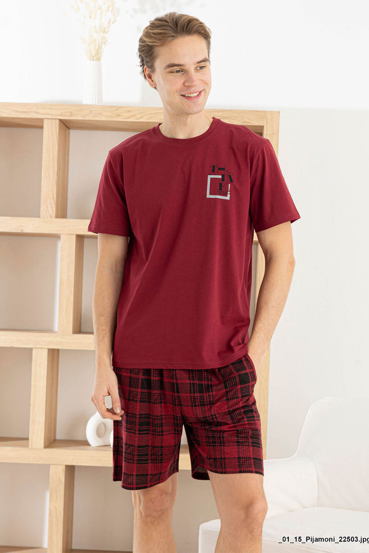 Pijaman Erkek Bermuda Takım Kısa Kollu Yazılı Bisiklet Yaka Pamuklu Alt Ekose - Bordo - Thumbnail
