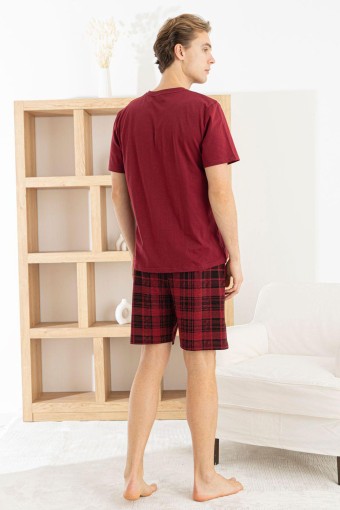 PİJAMAN - Pijaman Erkek Bermuda Takım Kısa Kollu Yazılı Bisiklet Yaka Pamuklu Alt Ekose - Bordo (1)