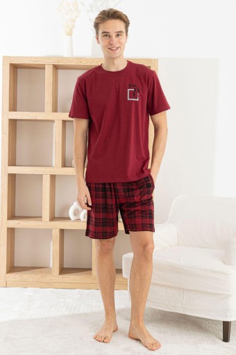 PİJAMAN - Pijaman Erkek Bermuda Takım Kısa Kollu Yazılı Bisiklet Yaka Pamuklu Alt Ekose - Bordo
