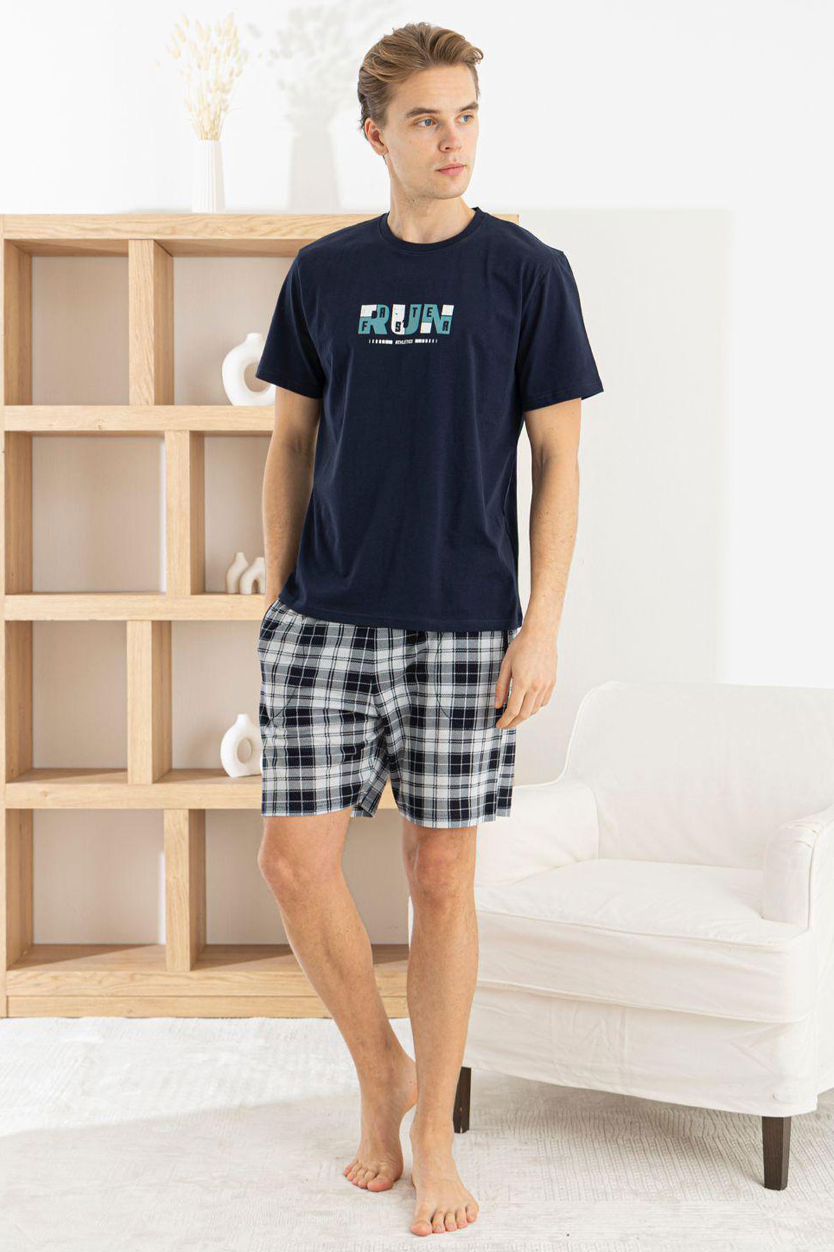 Pijaman Erkek Bermuda Takım Kısa Kollu Yazılı Bisiklet Yaka Pamuklu Alt Ekose - Lacivert - Thumbnail