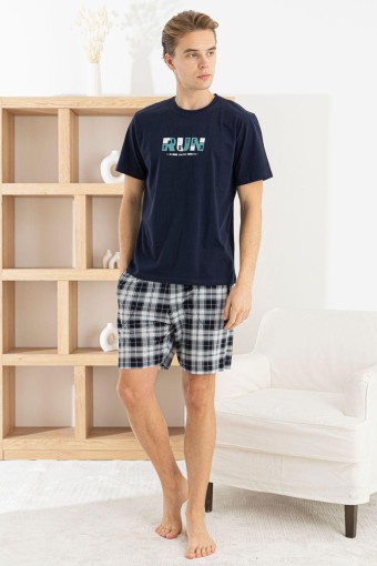 PİJAMAN - Pijaman Erkek Bermuda Takım Kısa Kollu Yazılı Bisiklet Yaka Pamuklu Alt Ekose - Lacivert