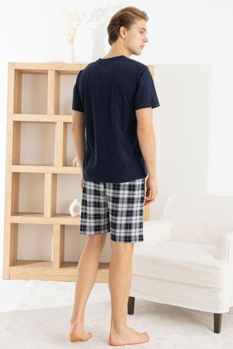 PİJAMAN - Pijaman Erkek Bermuda Takım Kısa Kollu Yazılı Bisiklet Yaka Pamuklu Alt Ekose - Lacivert (1)