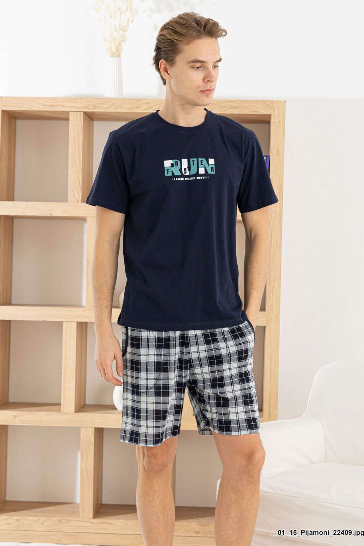 Pijaman Erkek Bermuda Takım Kısa Kollu Yazılı Bisiklet Yaka Pamuklu Alt Ekose - Lacivert - Thumbnail