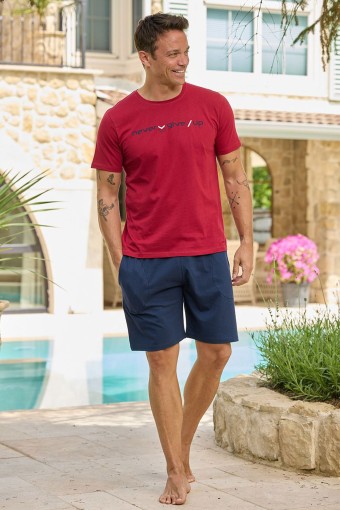 PİJAMAN - Pijaman Erkek Bermuda Takım Kısa Kollu Yazılı Bisiklet Yaka Pamuklu - Bordo