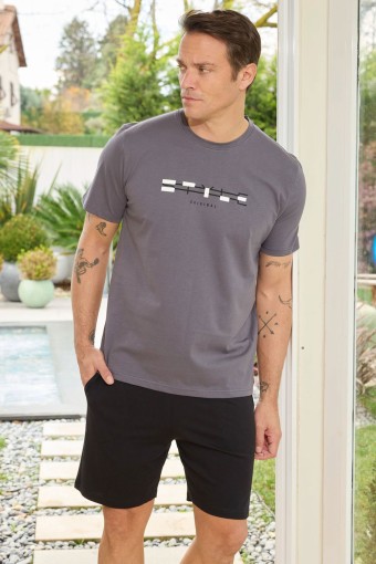 PİJAMAN - Pijaman Erkek Bermuda Takım Kısa Kollu Yazılı Bisiklet Yaka Pamuklu - Füme