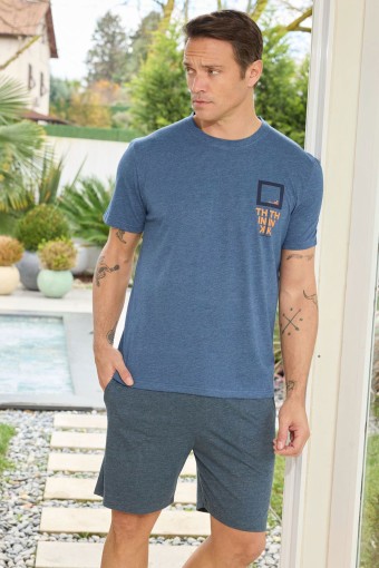 PİJAMAN - Pijaman Erkek Bermuda Takım Kısa Kollu Yazılı Bisiklet Yaka Pamuklu - İndigo