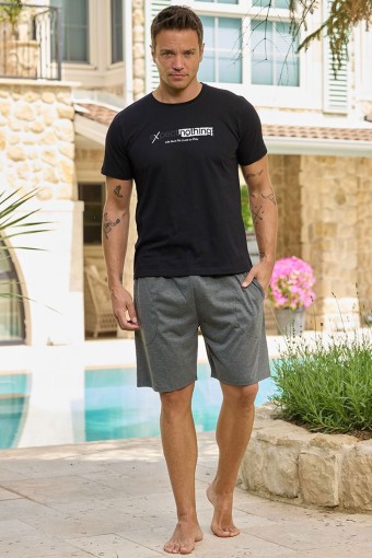 PİJAMAN - Pijaman Erkek Bermuda Takım Kısa Kollu Yazılı Bisiklet Yaka Pamuklu - Siyah
