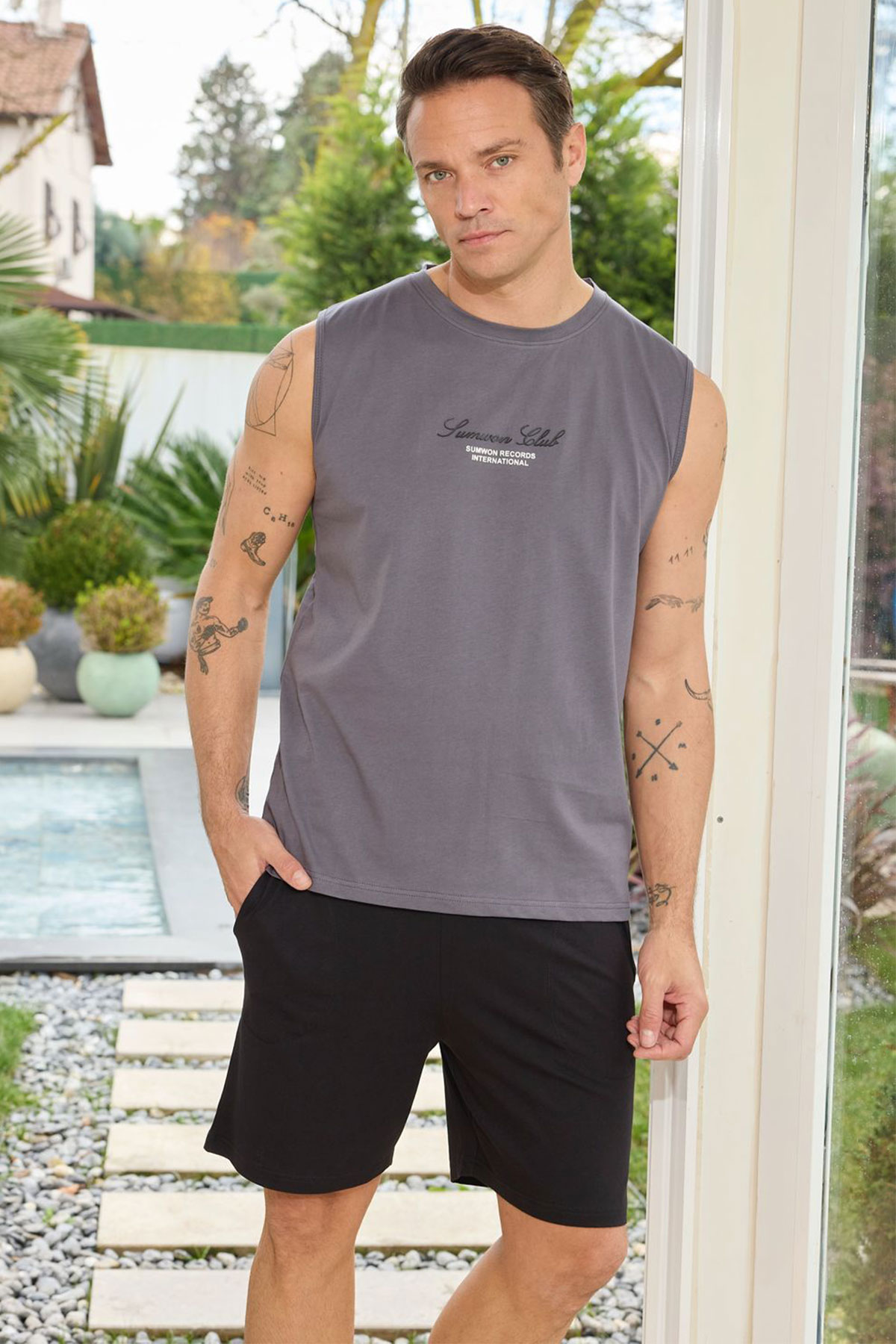 Pijaman Erkek Bermuda Takım Sıfır Kollu Yazılı Bisiklet Yaka Pamuklu - Antrasit - Thumbnail