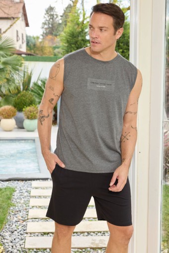 PİJAMAN - Pijaman Erkek Bermuda Takım Sıfır Kollu Yazılı Bisiklet Yaka Pamuklu - Antrasit