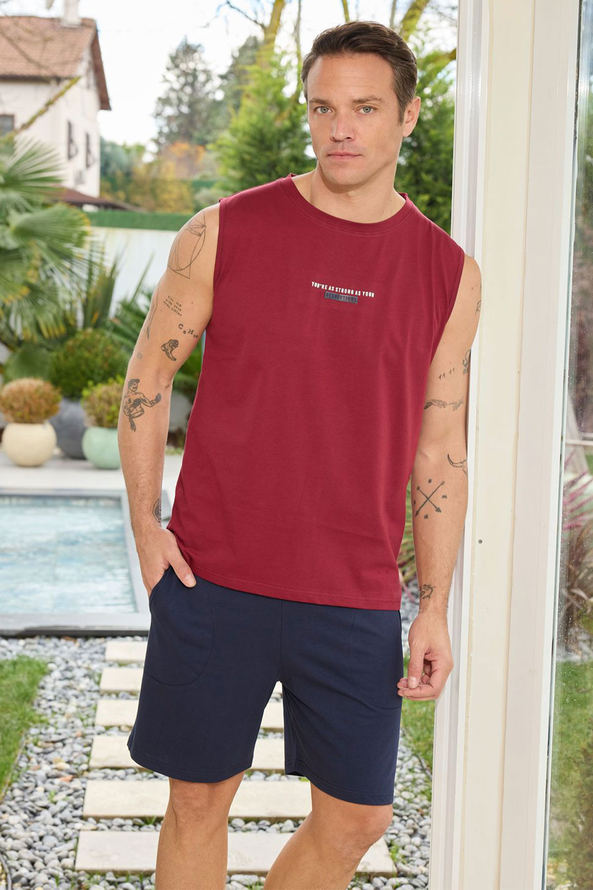 Pijaman Erkek Bermuda Takım Sıfır Kollu Yazılı Bisiklet Yaka Pamuklu - Bordo - Thumbnail