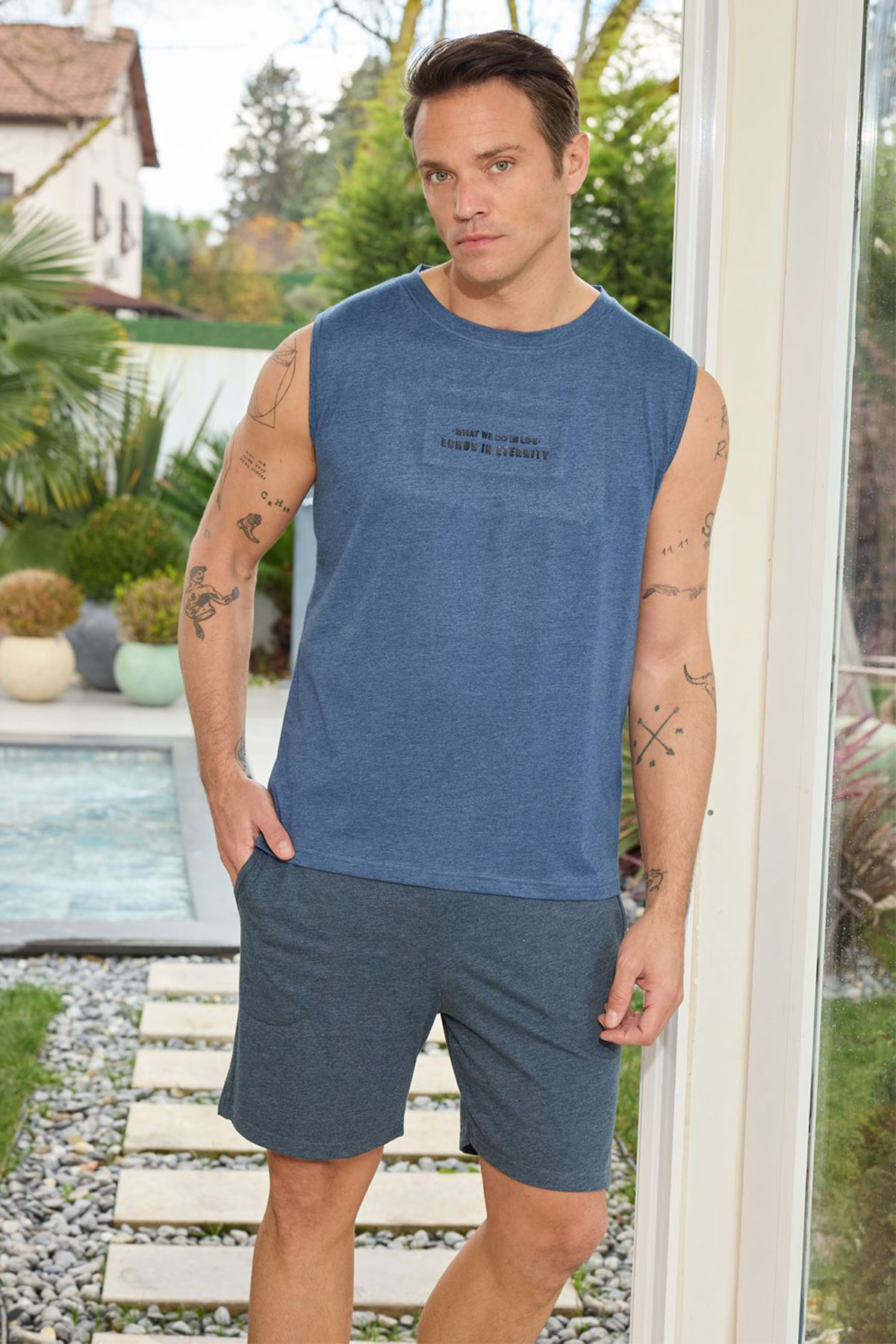 Pijaman Erkek Bermuda Takım Sıfır Kollu Yazılı Bisiklet Yaka Pamuklu - İndigo - Thumbnail