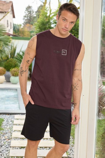 PİJAMAN - Pijaman Erkek Bermuda Takım Sıfır Kollu Yazılı Bisiklet Yaka Pamuklu - Kahverengi