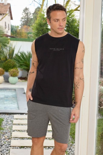 PİJAMAN - Pijaman Erkek Bermuda Takım Sıfır Kollu Yazılı Bisiklet Yaka Pamuklu - Siyah