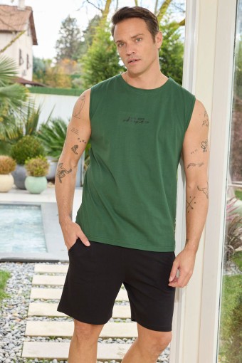 PİJAMAN - Pijaman Erkek Bermuda Takım Sıfır Kollu Yazılı Bisiklet Yaka Pamuklu - Yeşil