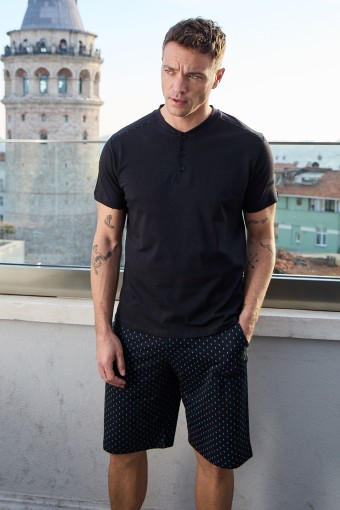 PİJAMAN - Pijaman Erkek Bermuda Takımı Kısa Kollu Düğmeli Alt Desenli - Lacivert (1)