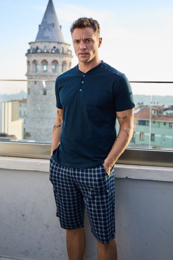 PİJAMAN - Pijaman Erkek Bermuda Takımı Kısa Kollu Düğmeli Ekoseli - Lacivert (1)