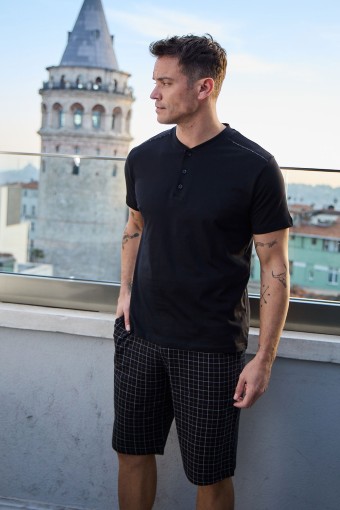 PİJAMAN - Pijaman Erkek Bermuda Takımı Kısa Kollu Düğmeli Ekoseli - Siyah (1)