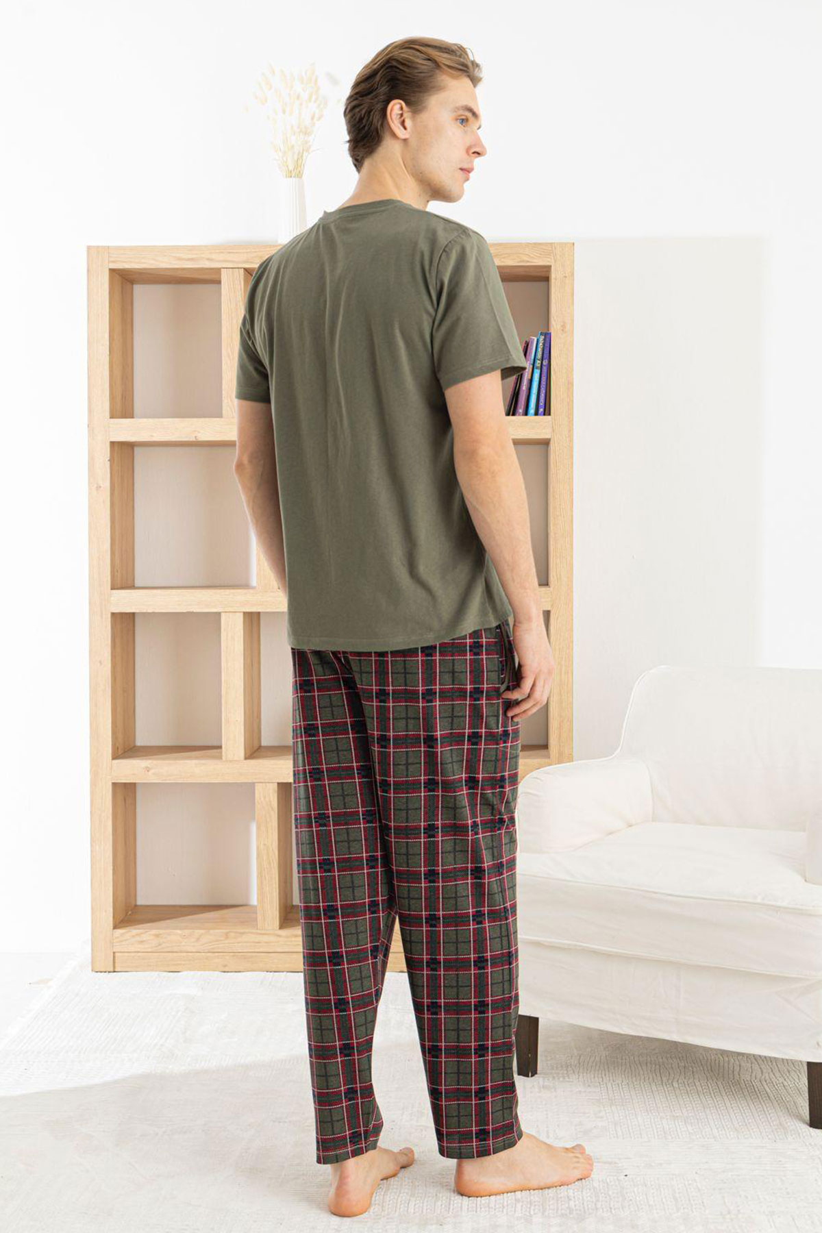 Pijaman Erkek Pijama Takımı 3'lü Kısa Kollu Bisiklet Yaka Cepli Pamuklu Ekose - Haki Yeşili - Thumbnail