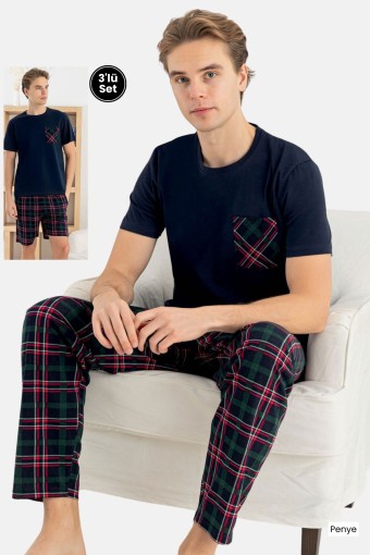 PİJAMAN - Pijaman Erkek Pijama Takımı 3'lü Kısa Kollu Bisiklet Yaka Cepli Pamuklu Ekose - Lacivert