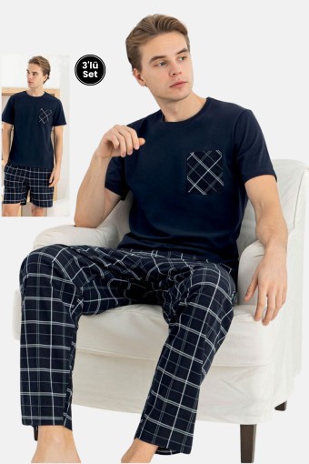 PİJAMAN - Pijaman Erkek Pijama Takımı 3'lü Kısa Kollu Bisiklet Yaka Cepli Pamuklu Ekose - Lacivert