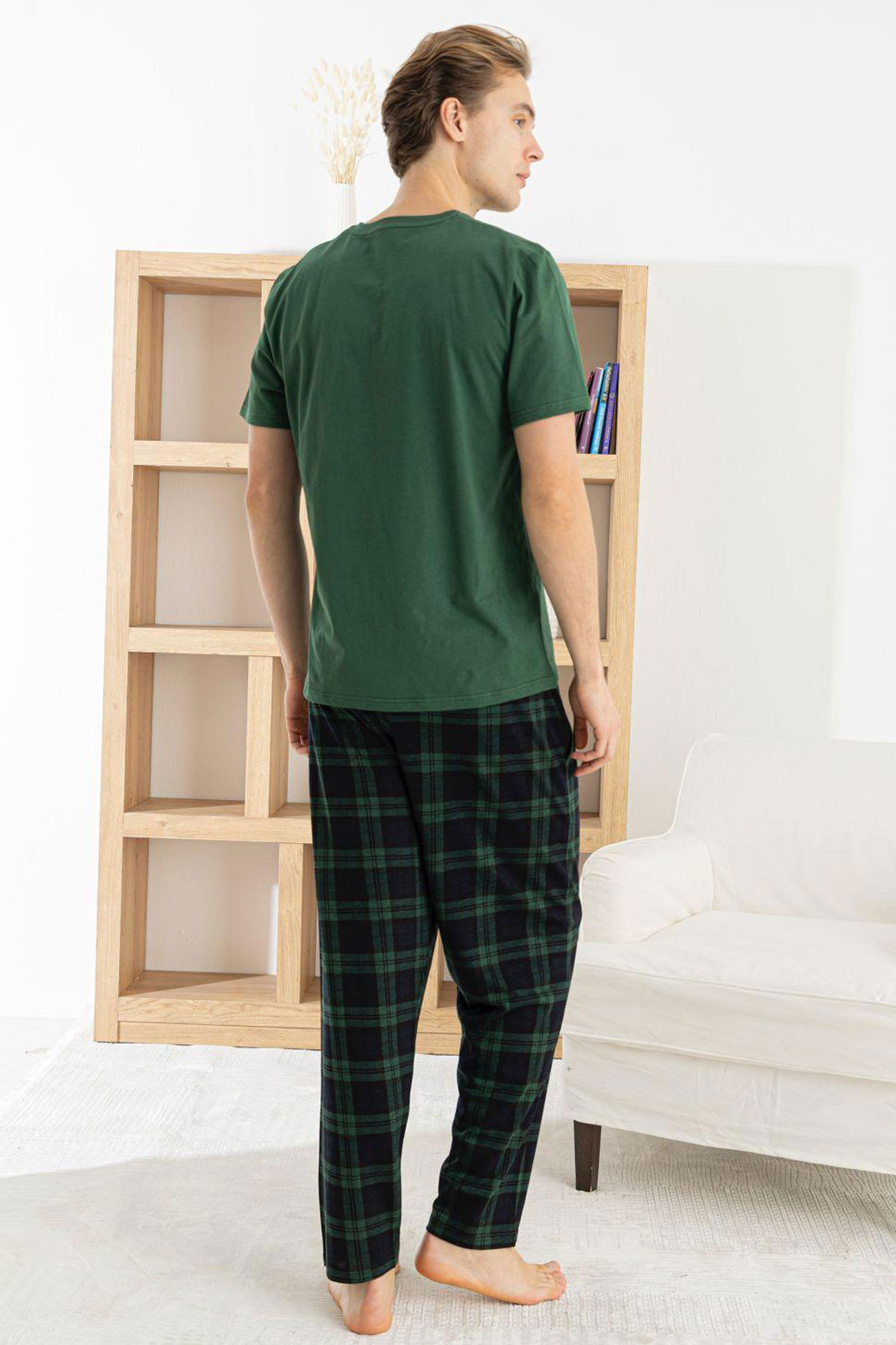 Pijaman Erkek Pijama Takımı 3'lü Kısa Kollu Bisiklet Yaka Cepli Pamuklu Ekose - Yeşil - Thumbnail