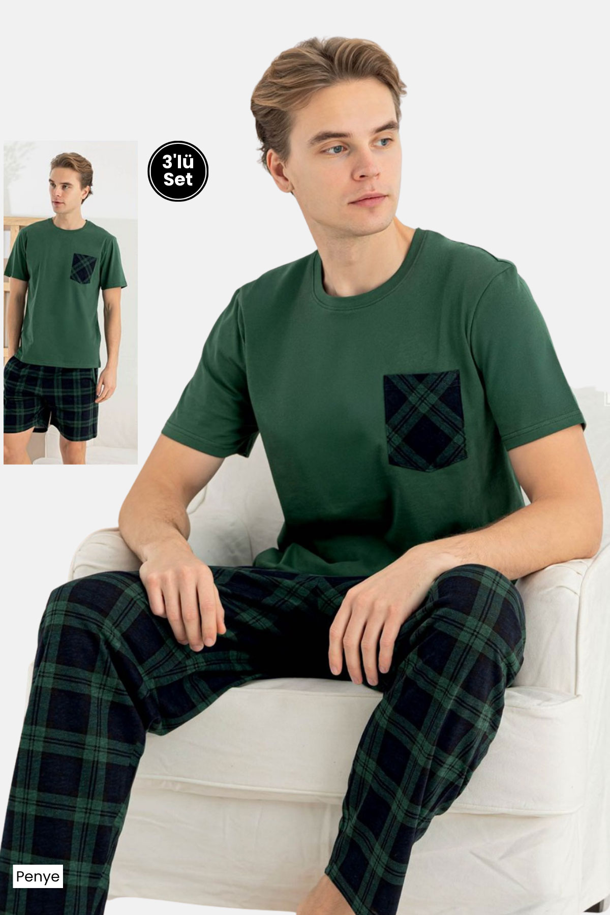 Pijaman Erkek Pijama Takımı 3'lü Kısa Kollu Bisiklet Yaka Cepli Pamuklu Ekose - Yeşil - Thumbnail