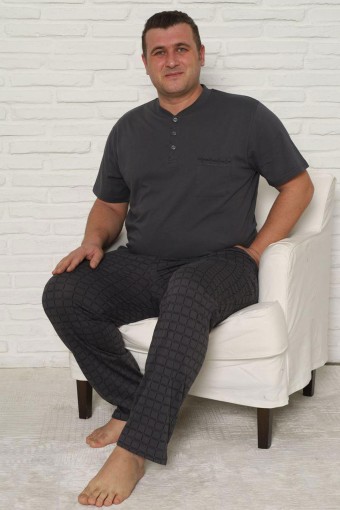 PİJAMAN - Pijaman Erkek Pijama Takımı Büyük Beden Kısa Kollu Düğmeli Ekose Pamuklu - Antrasit