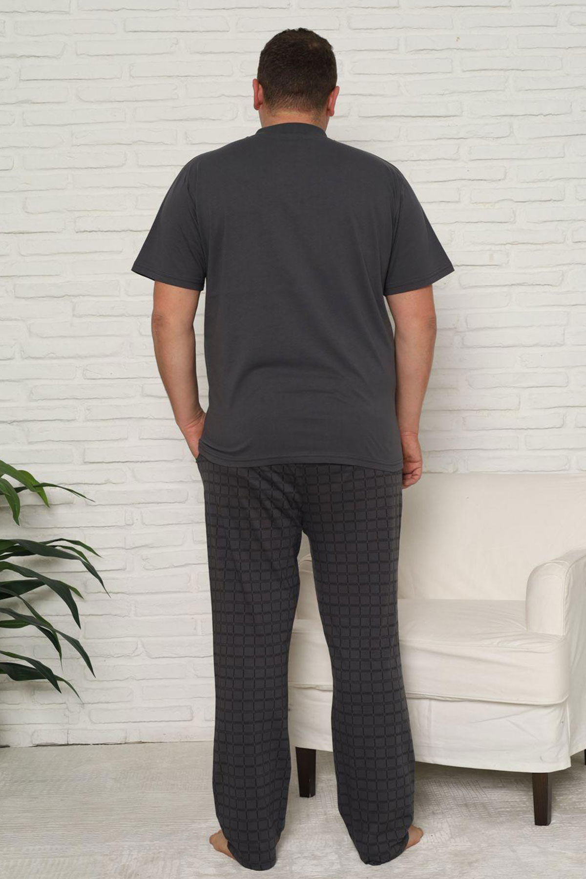 Pijaman Erkek Pijama Takımı Büyük Beden Kısa Kollu Düğmeli Ekose Pamuklu - Antrasit - Thumbnail