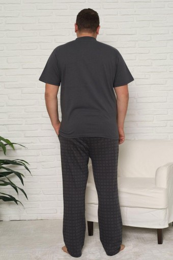 PİJAMAN - Pijaman Erkek Pijama Takımı Büyük Beden Kısa Kollu Düğmeli Ekose Pamuklu - Antrasit (1)