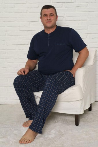 PİJAMAN - Pijaman Erkek Pijama Takımı Büyük Beden Kısa Kollu Düğmeli Ekose Pamuklu - Lacivert