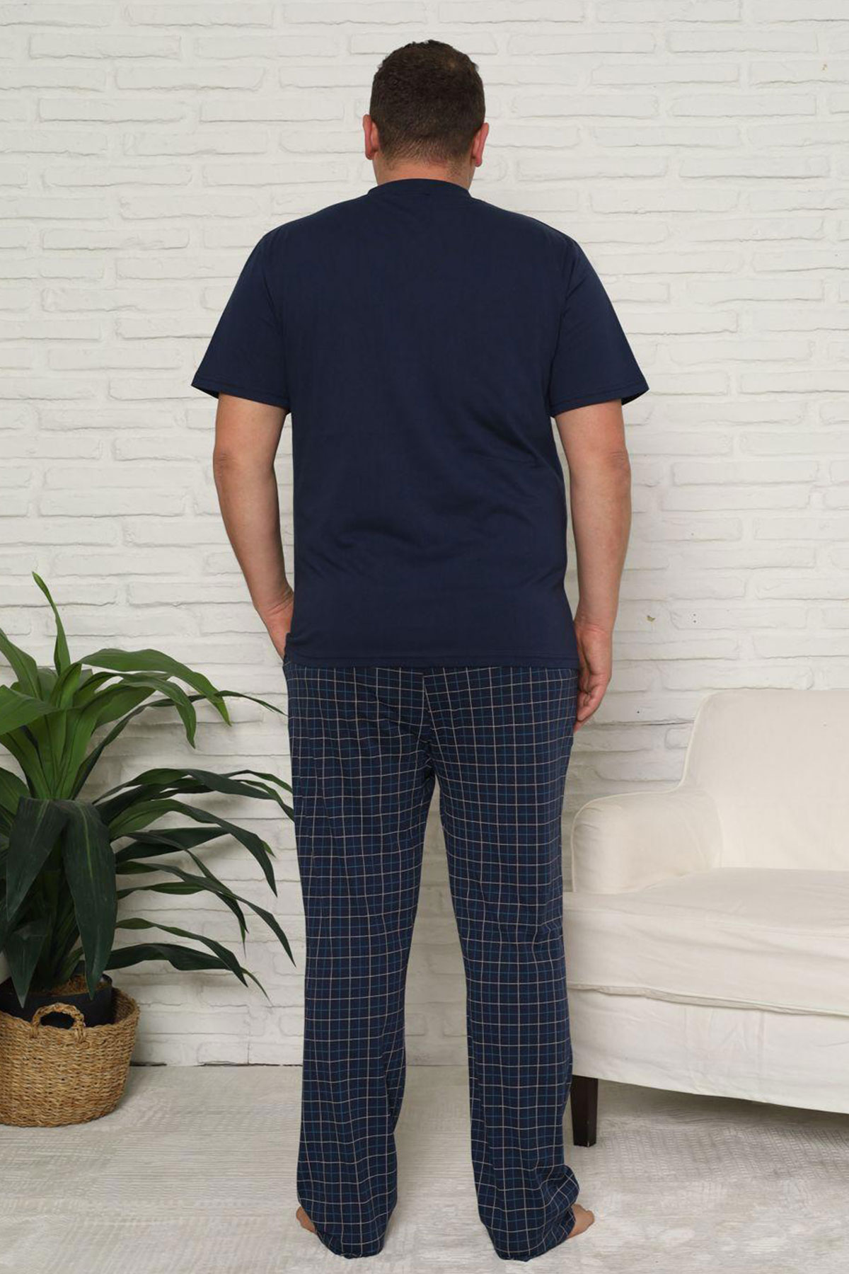 Pijaman Erkek Pijama Takımı Büyük Beden Kısa Kollu Düğmeli Ekose Pamuklu - Lacivert - Thumbnail