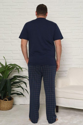 PİJAMAN - Pijaman Erkek Pijama Takımı Büyük Beden Kısa Kollu Düğmeli Ekose Pamuklu - Lacivert (1)