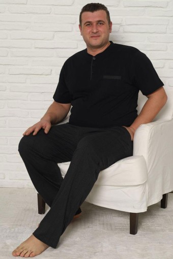 PİJAMAN - Pijaman Erkek Pijama Takımı Büyük Beden Kısa Kollu Düğmeli Ekose Pamuklu - Siyah