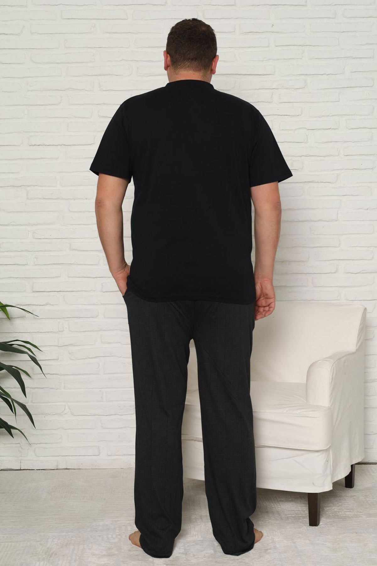 Pijaman Erkek Pijama Takımı Büyük Beden Kısa Kollu Düğmeli Ekose Pamuklu - Siyah - Thumbnail