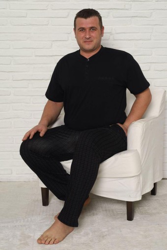 PİJAMAN - Pijaman Erkek Pijama Takımı Büyük Beden Kısa Kollu Düğmeli Ekose Pamuklu - Siyah